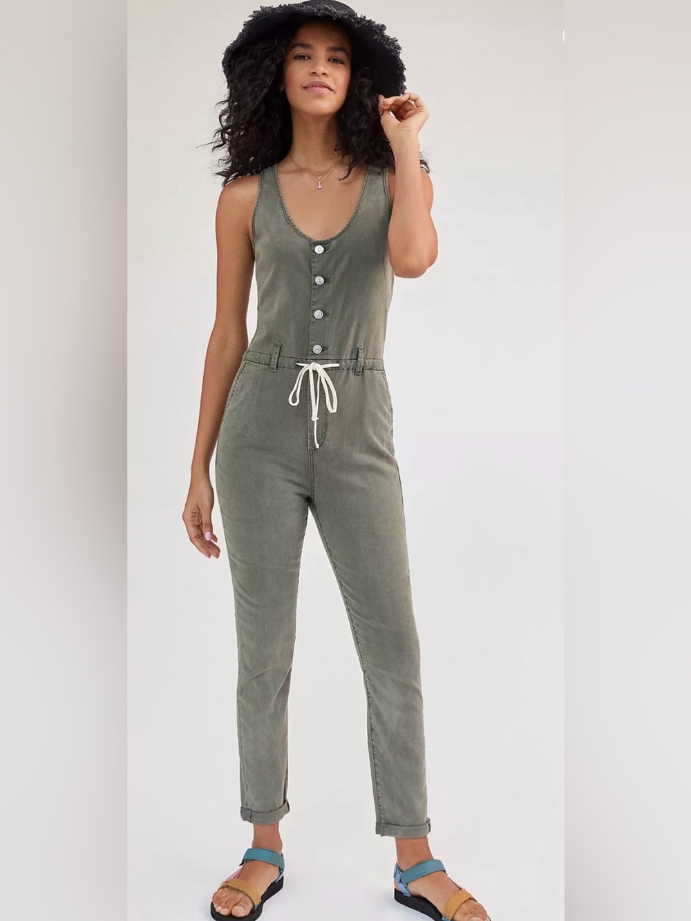 PAIGE Olive Green Sleeveless Button-Front Jumpsuit